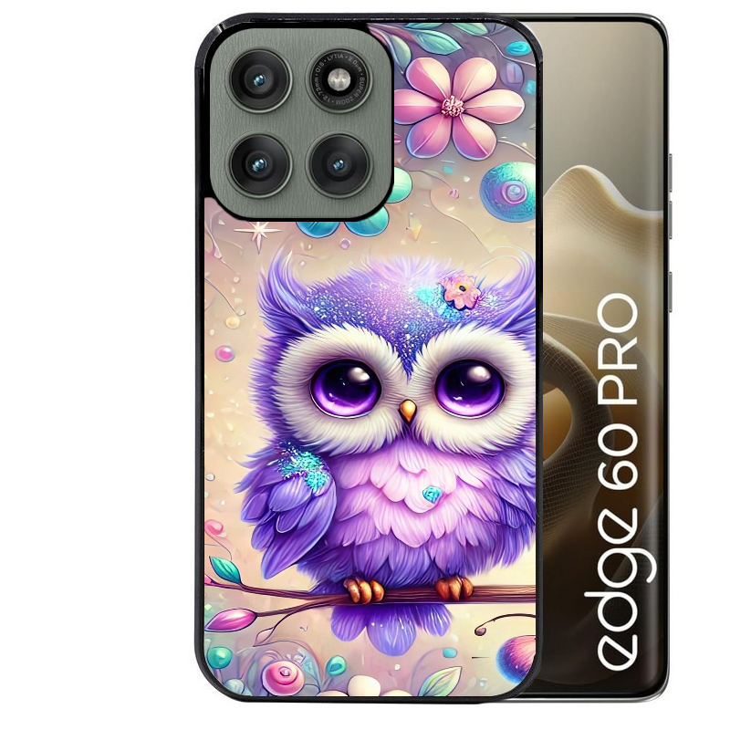 Coque noire taperso pour Moto Edge 60 et Neo Fusion Pro avec motif chouette violette protection antichoc personnalisée