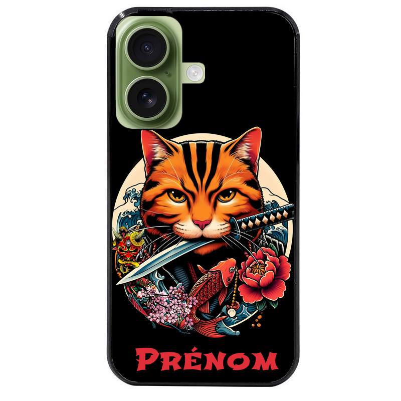 Coque noire taperso pour Iphone 16 16E PLUS MAX PRO avec motif chat carpe koii japan personnalise protection antichoc personnalisée
