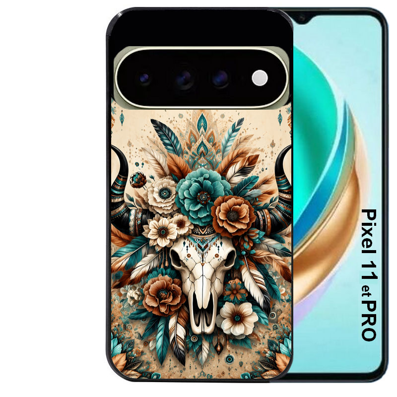 Coque pour Pixel 10 / 11 / PRO / XL skull bull plumes