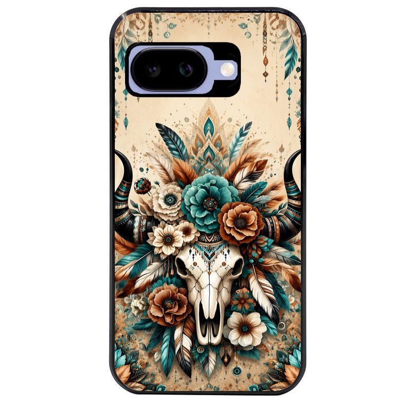 Coque pour Pixel 8A 9A 10A skull bull plumes