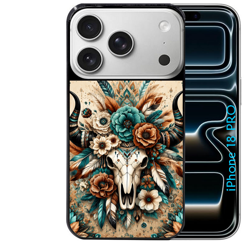 Coque pour Iphone 18 / PRO / PRO MAX / 18E skull bull plumes