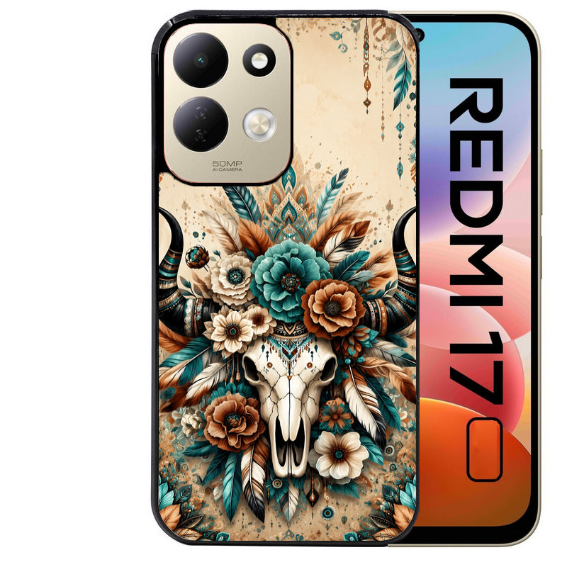 Coque pour Redmi 17 et 17C 4G 5G skull bull plumes