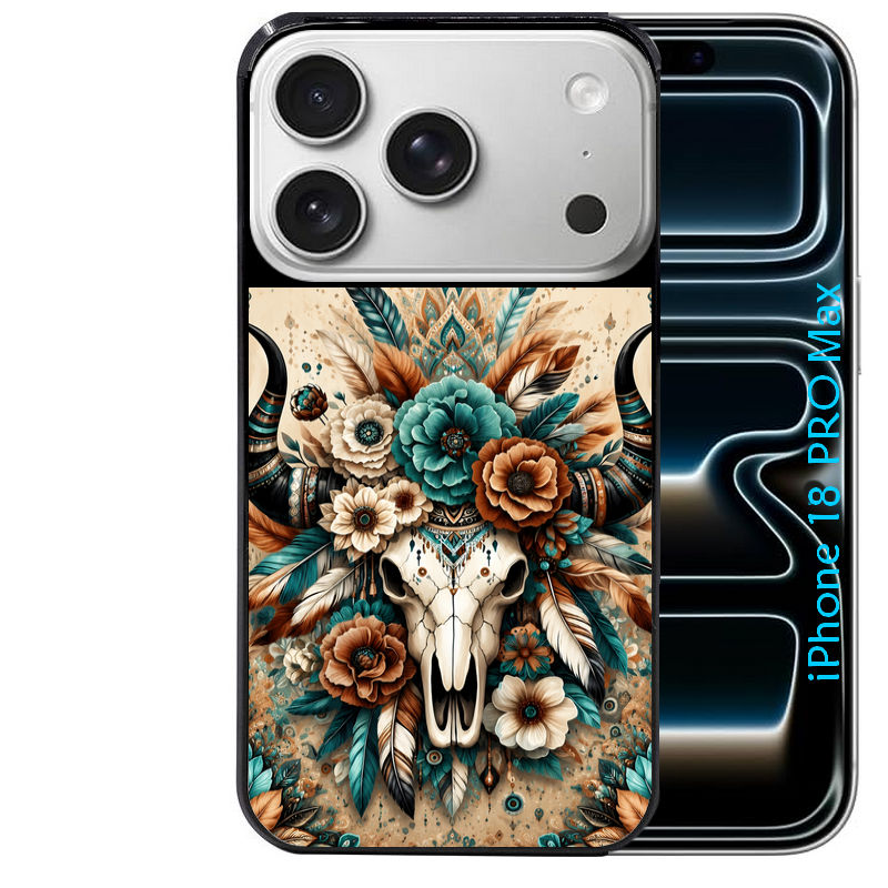 Coque pour Iphone 18 / PRO / PRO MAX / 18E skull bull plumes