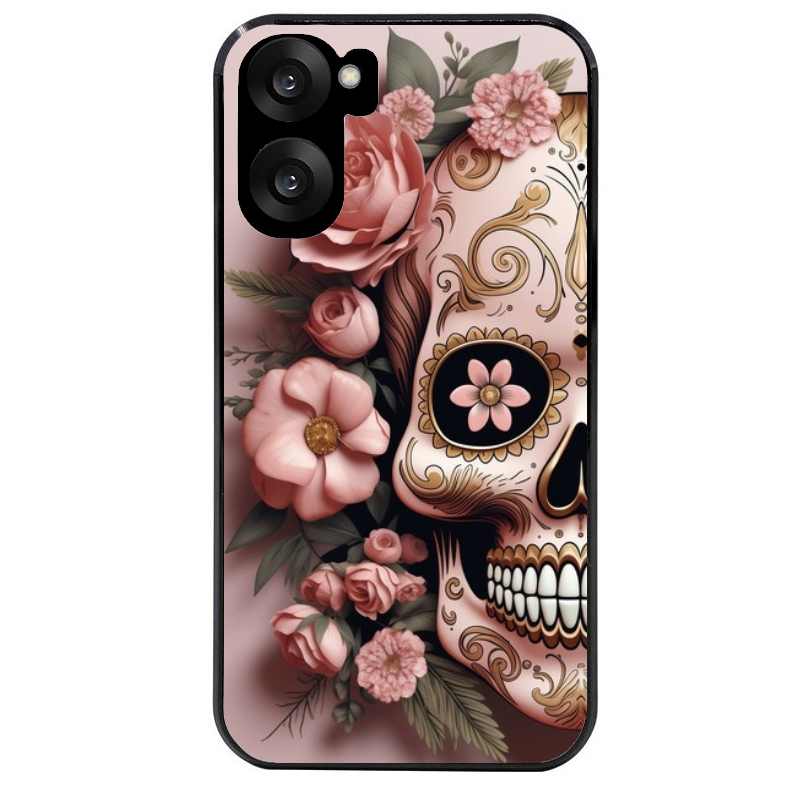 Coque noire taperso pour OnePlus Nord CE5 avec motif tete de mort calavera rose protection antichoc personnalisée