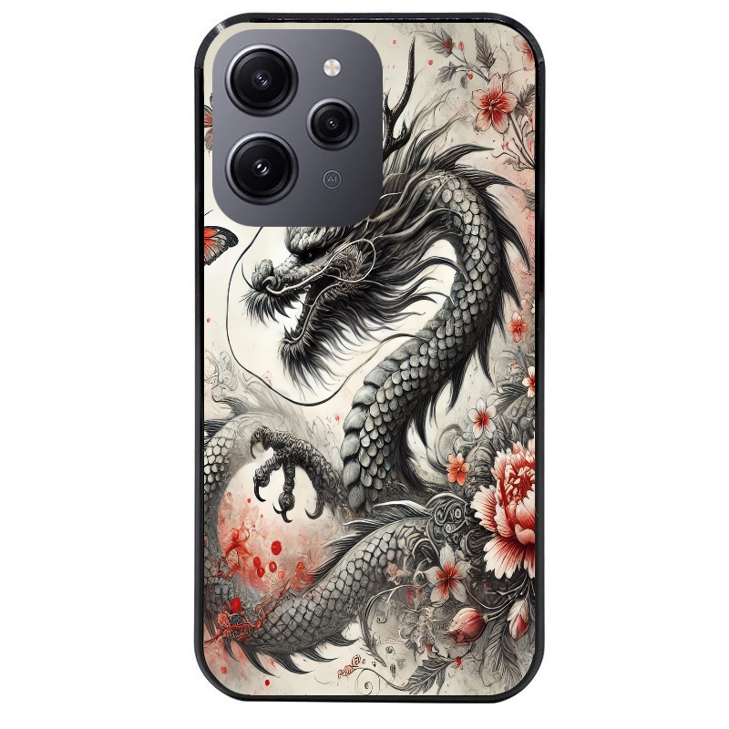 Coque noire taperso pour Redmi 12 4G et 5G avec motif dragon japan protection antichoc personnalisée