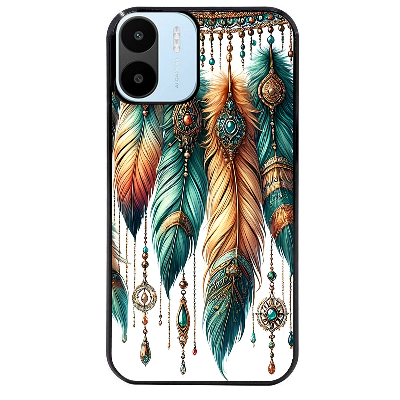 Coque noire taperso pour Redmi A1 et A2 avec motif plumes et bijoux protection antichoc personnalisée