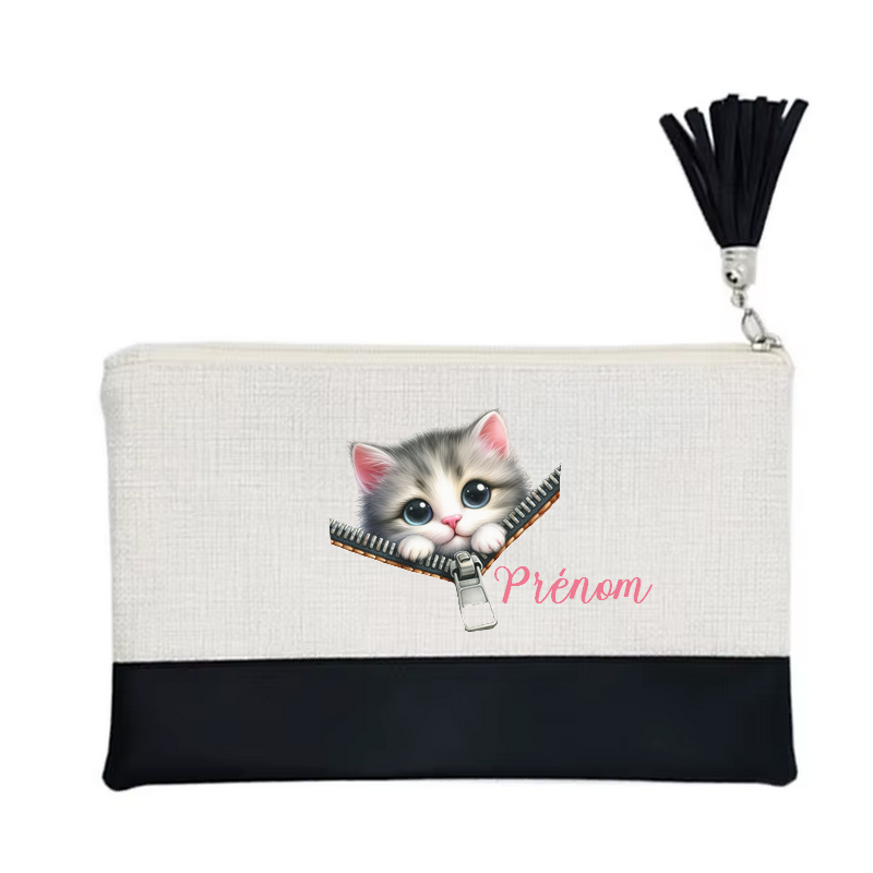 Pochette personnalisée motif chat zip en toile et simili cuir personnalisée