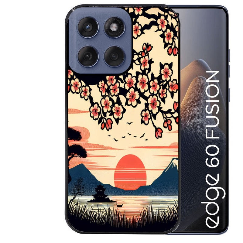 Coque noire taperso pour Moto Edge 60 et Neo Fusion Pro avec motif japan cerisier protection antichoc personnalisée