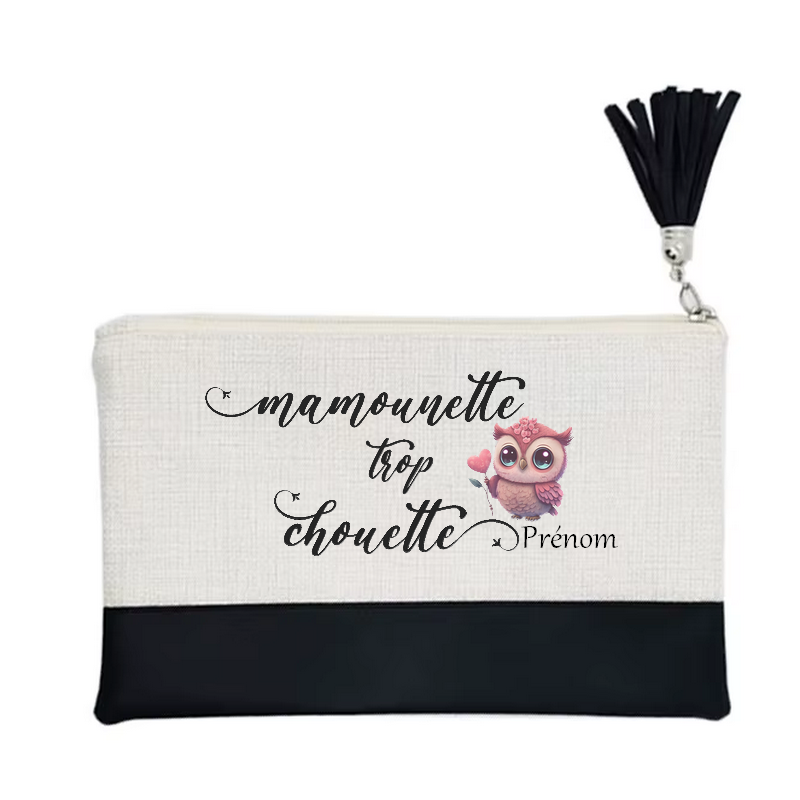 Pochette personnalisée motif maman chouette en toile et simili cuir personnalisée