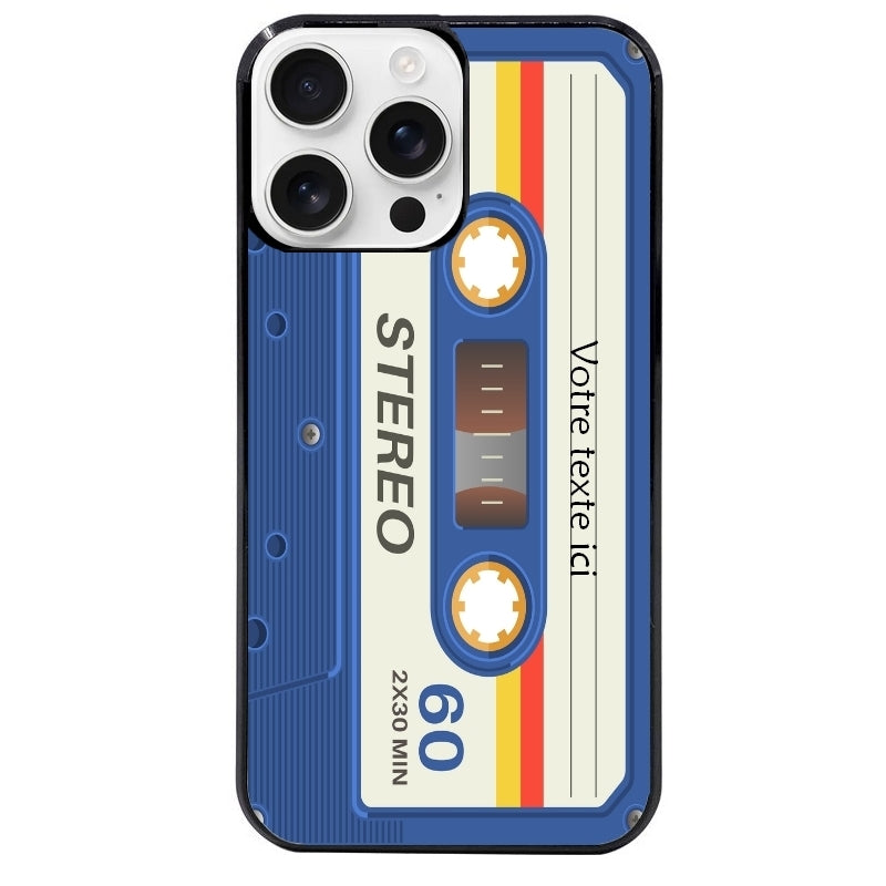 Coque noire taperso pour Iphone 16 16E PLUS MAX PRO personnalisable avec motif cassette bleu protection antichoc personnalisée