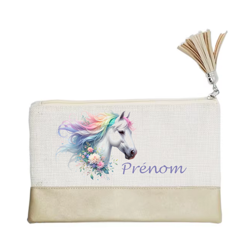 Pochette personnalisée motif cheval fleur en toile et simili cuir personnalisée
