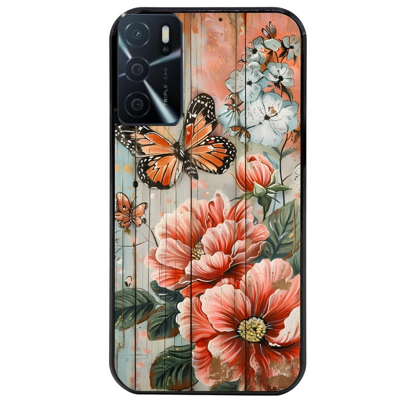 Coque noire taperso pour OPPO A16 et A16S avec motif bois et papillon 3 protection antichoc personnalisée