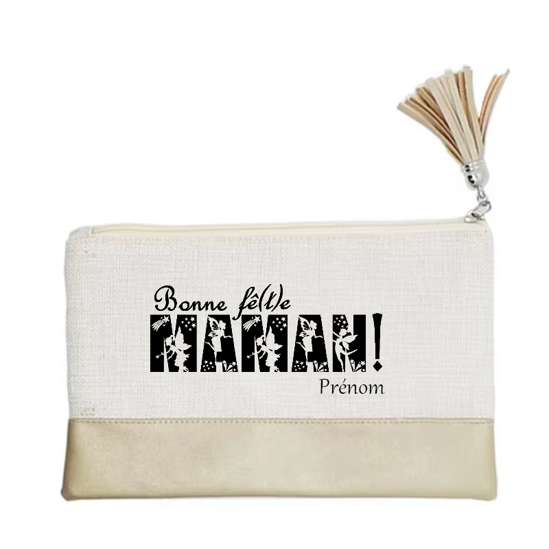 Pochette personnalisée motif maman bonne fete en toile et simili cuir personnalisée