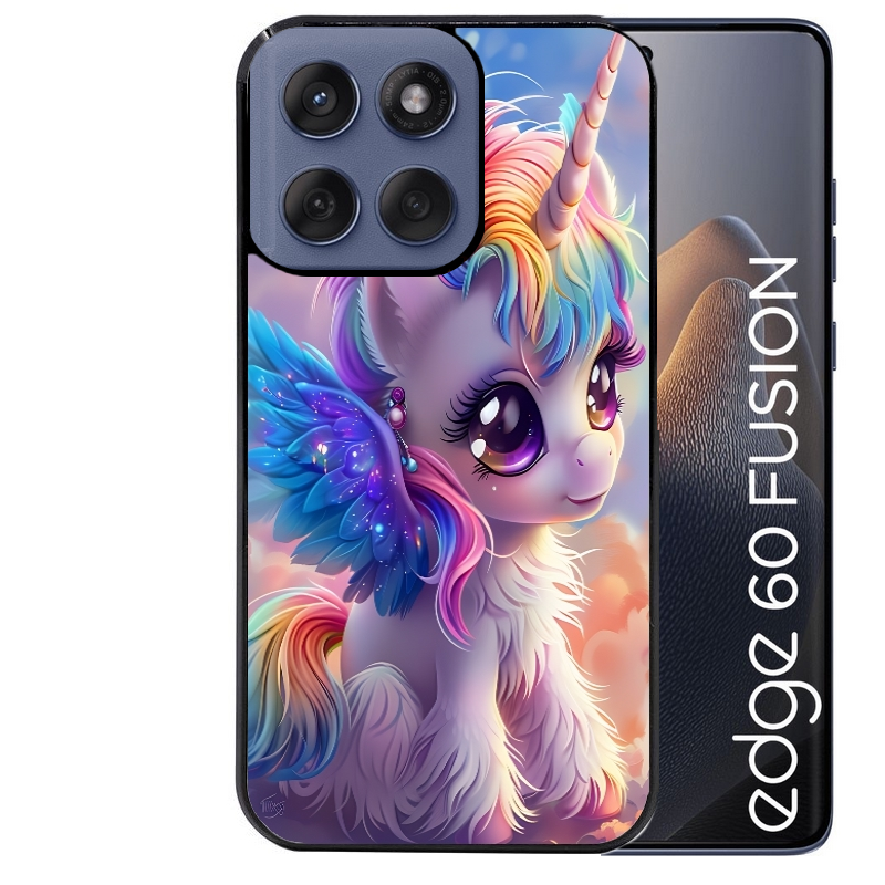 Coque noire taperso pour Moto Edge 60 et Neo Fusion Pro avec motif licorne style anime protection antichoc personnalisée
