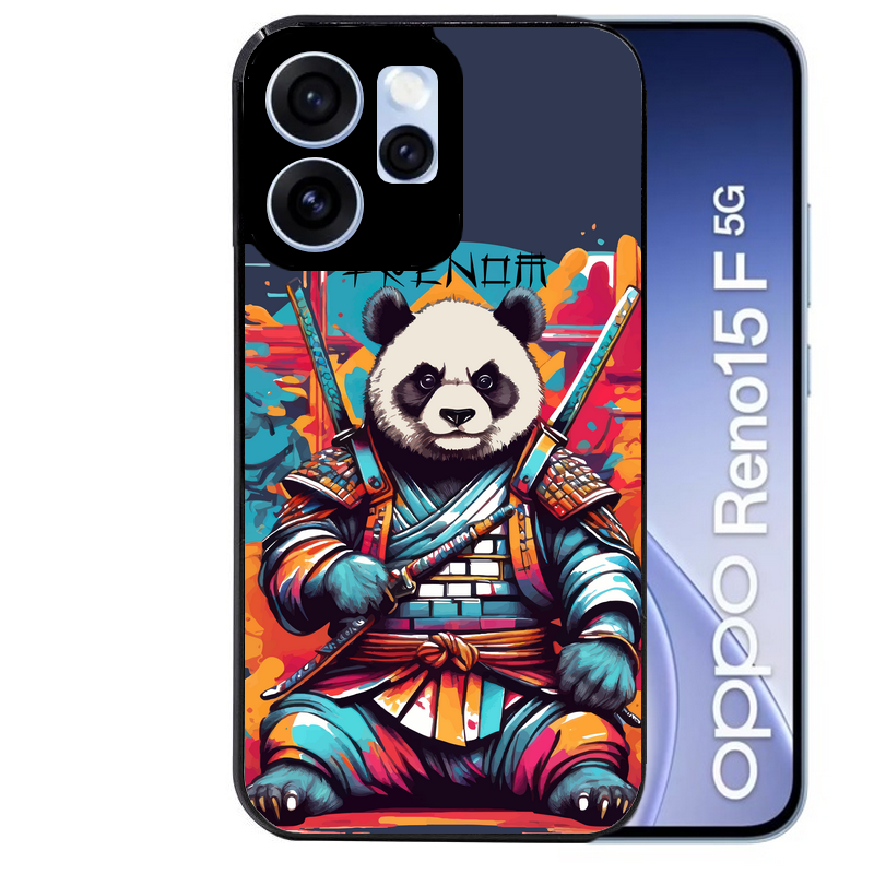 Coque noire taperso pour OPPO Reno 15 et F FS 5G avec motif panda katana personnalisee protection antichoc personnalisée