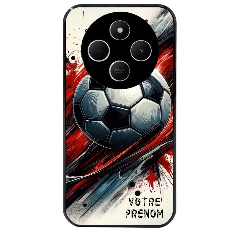 Coque noire taperso pour POCO C75 avec motif ballon foot avec prenom protection antichoc personnalisée