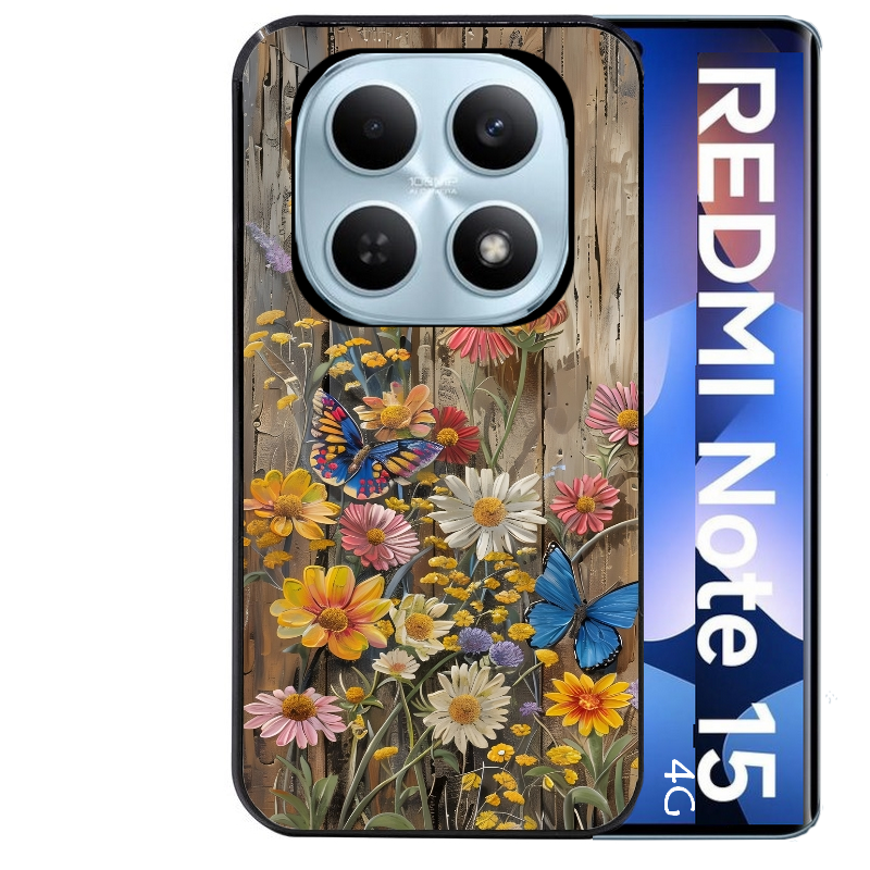 Coque noire taperso pour Redmi Note 15 et PRO PLUS 4G 5G avec motif bois et papillon 1 protection antichoc personnalisée