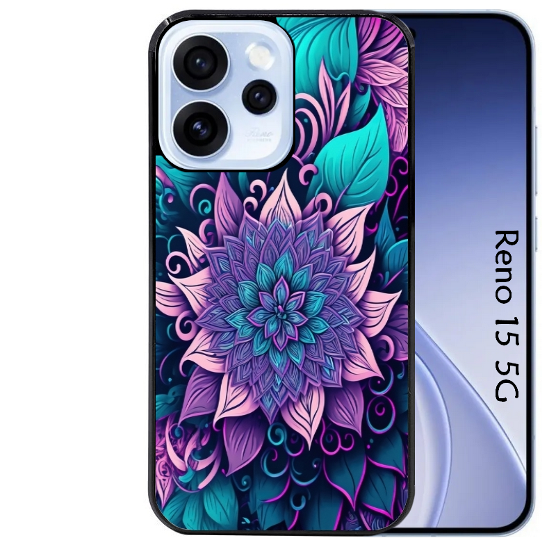 Coque noire taperso pour OPPO Reno 15 et F FS 5G avec motif tropical mandala et fleur violet protection antichoc personnalisée