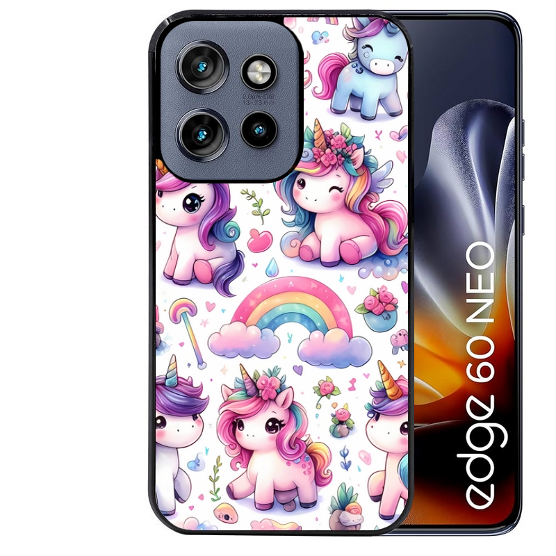 Coque noire taperso pour Moto Edge 60 et Neo Fusion Pro avec motif licorne arc en ciel protection antichoc personnalisée
