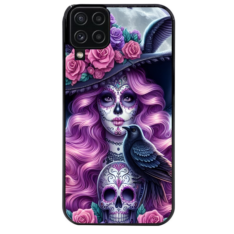 Coque noire taperso pour galaxy A22 A32 A52 A52S 4G 5G  avec motif tete de mort calavera et corbeau protection antichoc personnalisée