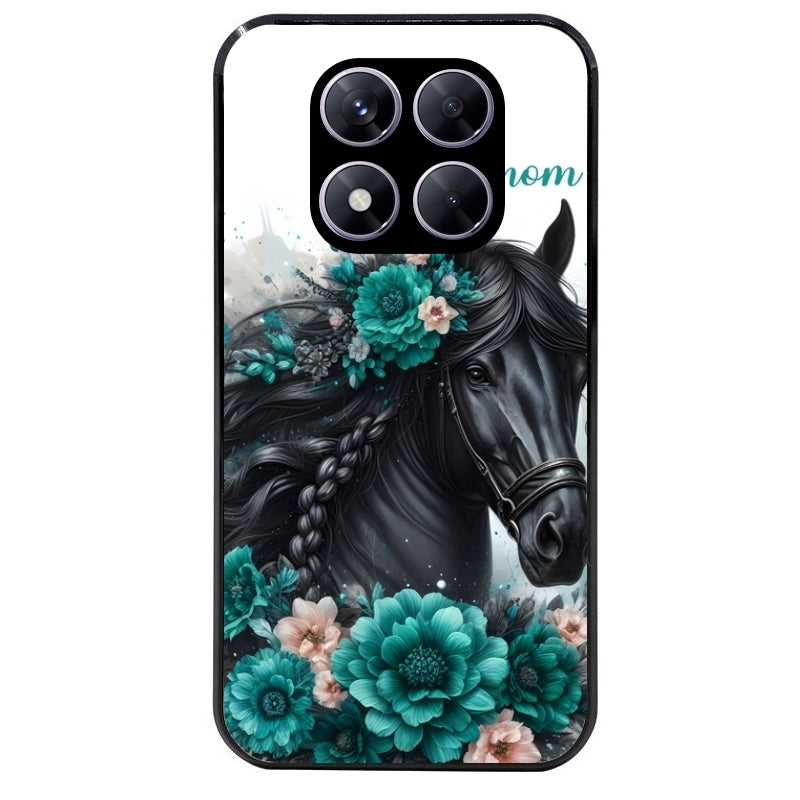 Coque noire taperso pour Redmi Note 14 et PRO PLUS 4G 5G avec motif cheval et fleurs personnalisee protection antichoc personnalisée