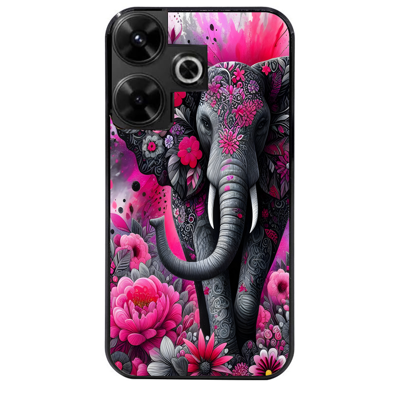 Coque noire taperso pour POCO M6 4G avec motif elephant et fleurs protection antichoc personnalisée