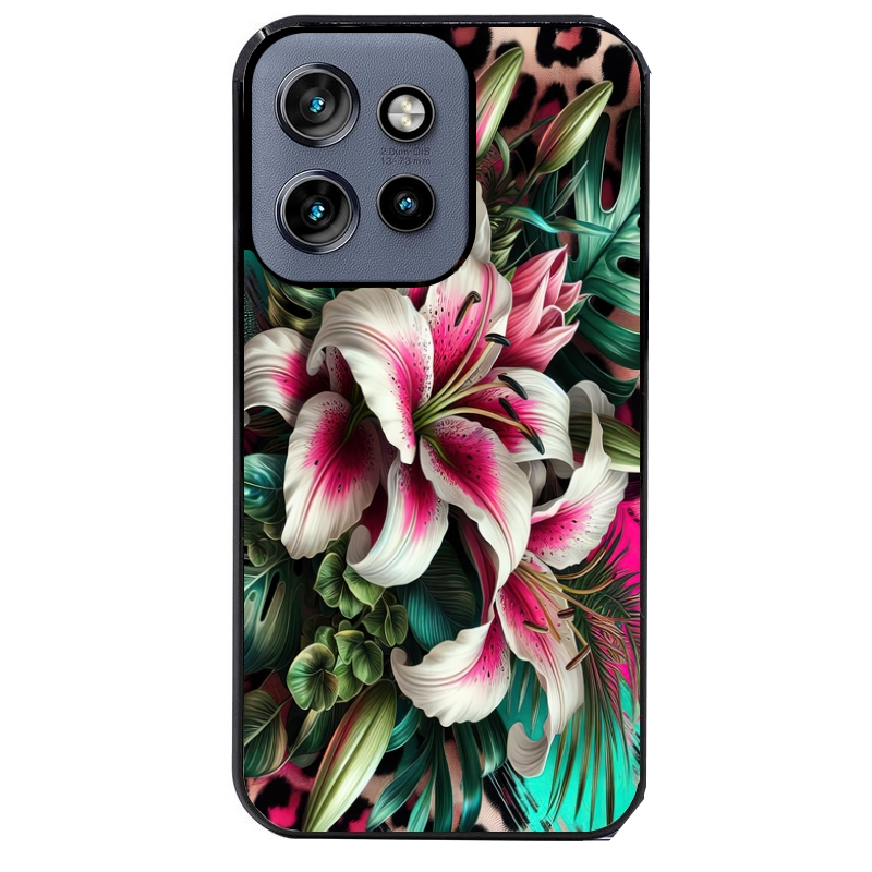 Coque noire taperso pour Moto Edge 60 et Neo Fusion Pro avec motif leopard hibiscus protection antichoc personnalisée