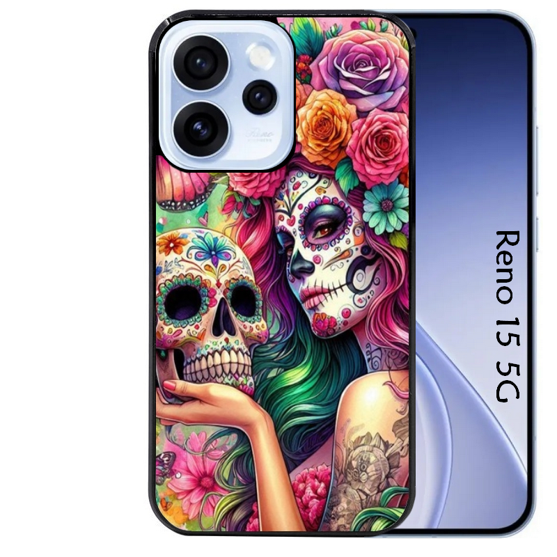 Coque noire taperso pour OPPO Reno 15 et F FS 5G avec motif tete de mort calavera skull protection antichoc personnalisée