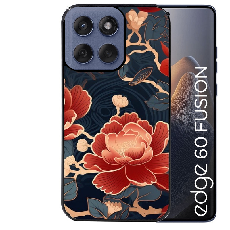 Coque noire taperso pour Moto Edge 60 et Neo Fusion Pro avec motif fleur japan protection antichoc personnalisée