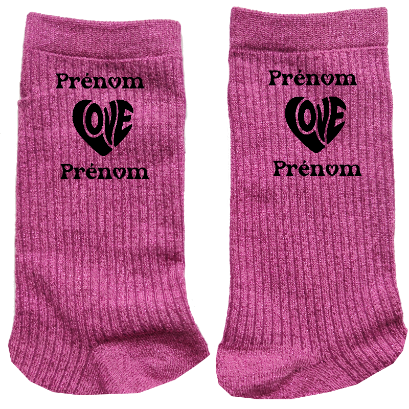 Chaussettes personnalisées paillettes rose motif coeur love