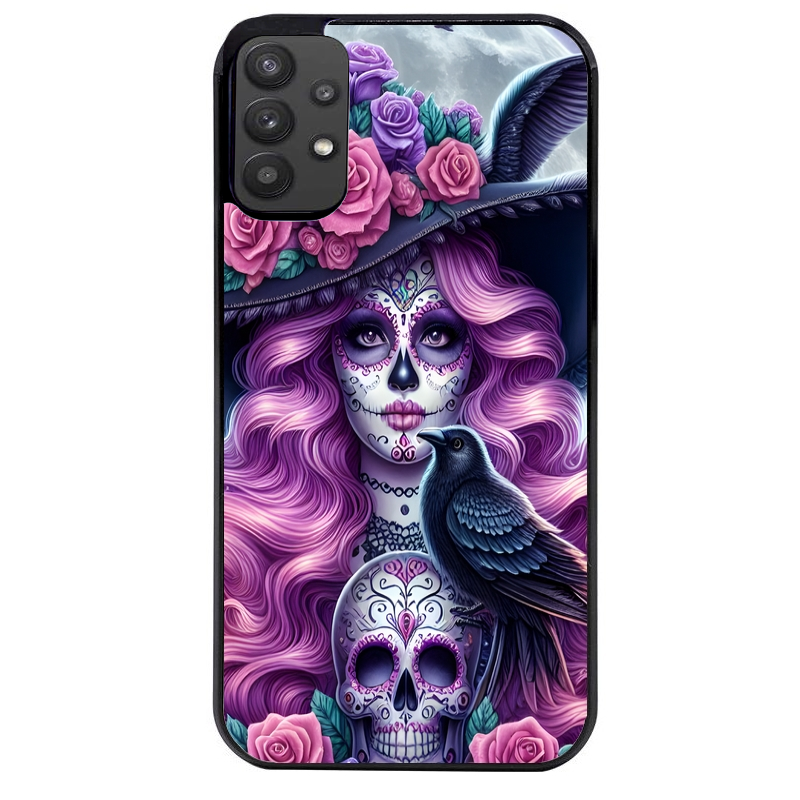Coque noire taperso pour galaxy A22 A32 A52 A52S 4G 5G  avec motif tete de mort calavera et corbeau protection antichoc personnalisée