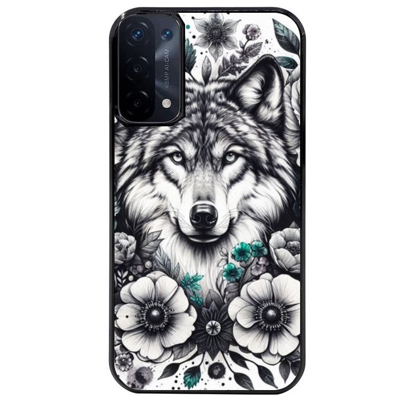 Coque noire taperso pour OPPO A54 et A74 5G avec motif loup et fleur protection antichoc personnalisée