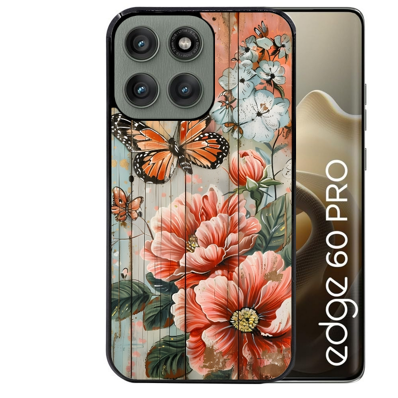 Coque noire taperso pour Moto Edge 60 et Neo Fusion Pro avec motif bois et papillon 3 protection antichoc personnalisée