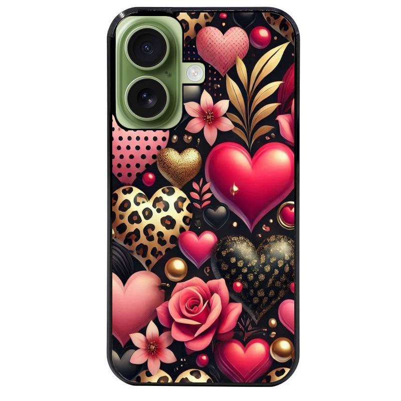 Coque noire taperso pour Iphone 16 16E PLUS MAX PRO avec motif coeur et leopard protection antichoc personnalisée