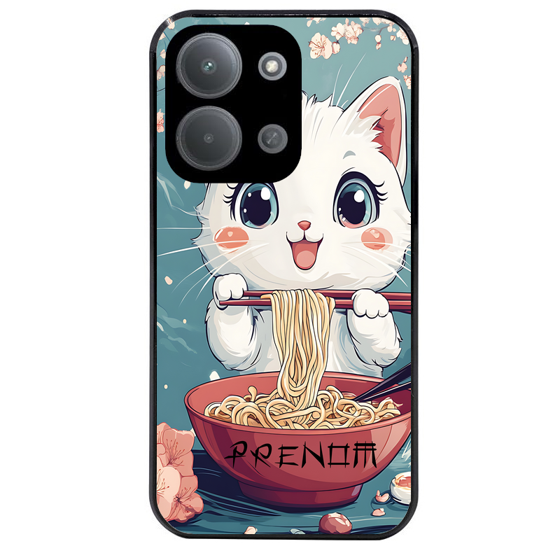 Coque noire taperso pour POCO C85 avec motif chat ramen cerisier protection antichoc personnalisée
