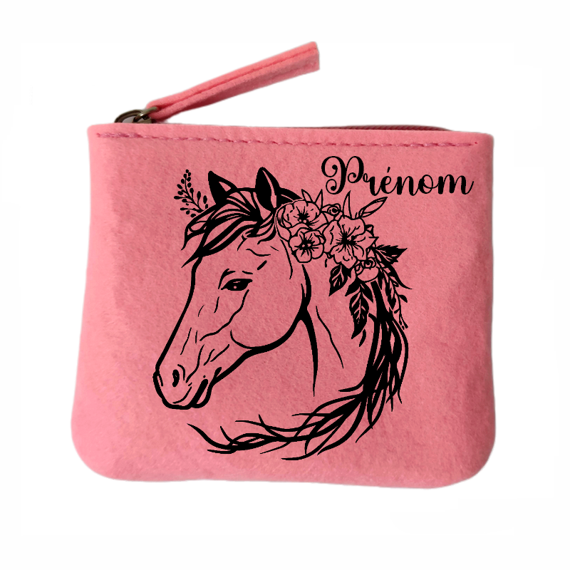 Porte monnaie personnalisé cheval fleurs en feutrine en feutrine