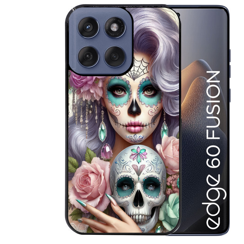 Coque noire taperso pour Moto Edge 60 et Neo Fusion Pro avec motif tete de mort calavera bijoux protection antichoc personnalisée