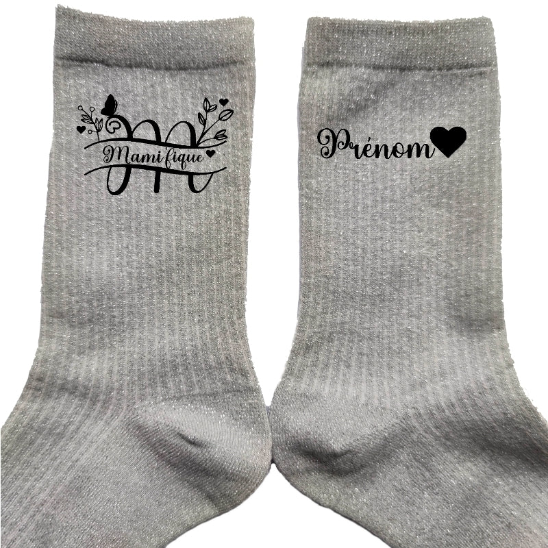Chaussettes personnalisée paillettes argent motif mamie magnifique