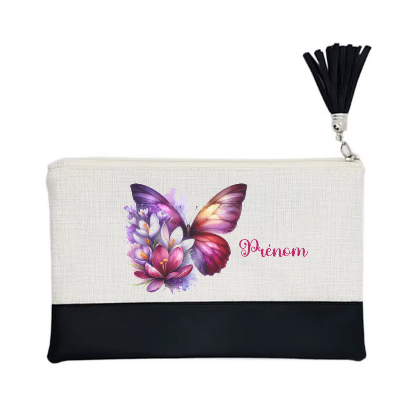 Pochette personnalisée motif papillon color en toile et simili cuir personnalisée