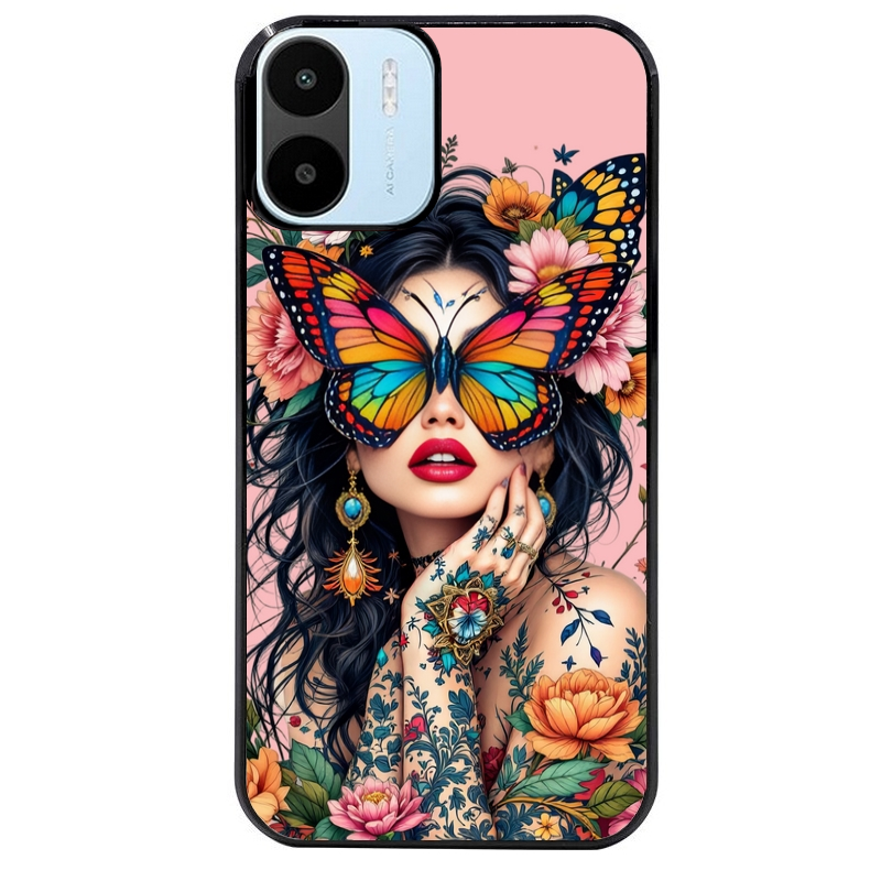 Coque noire taperso pour Redmi A1 et A2 avec motif femme papillon protection antichoc personnalisée