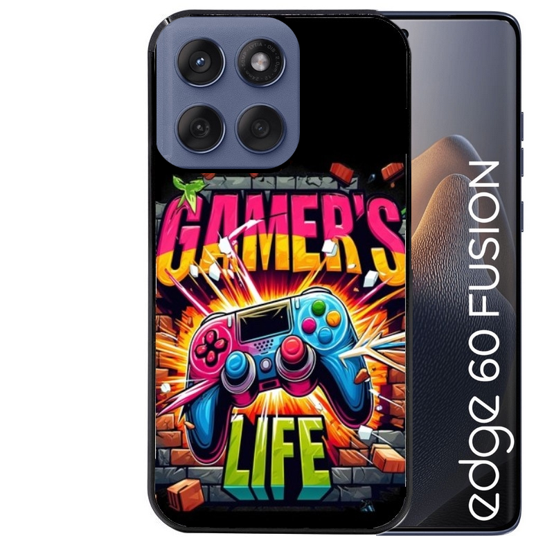 Coque noire taperso pour Moto Edge 60 et Neo Fusion Pro avec motif gamer life protection antichoc personnalisée