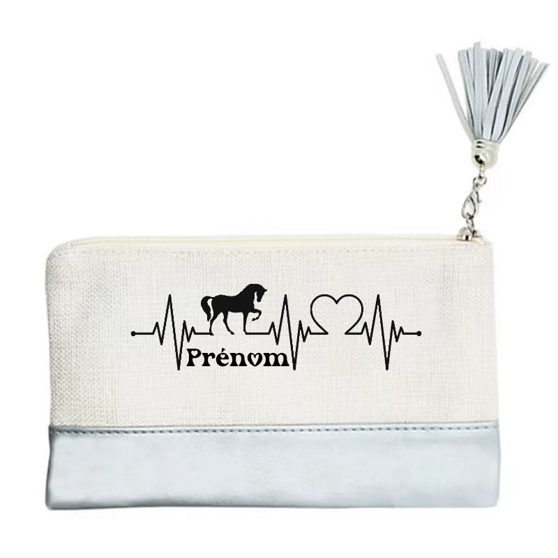 Pochette personnalisée motif cheval heartbeat en toile et simili cuir personnalisée
