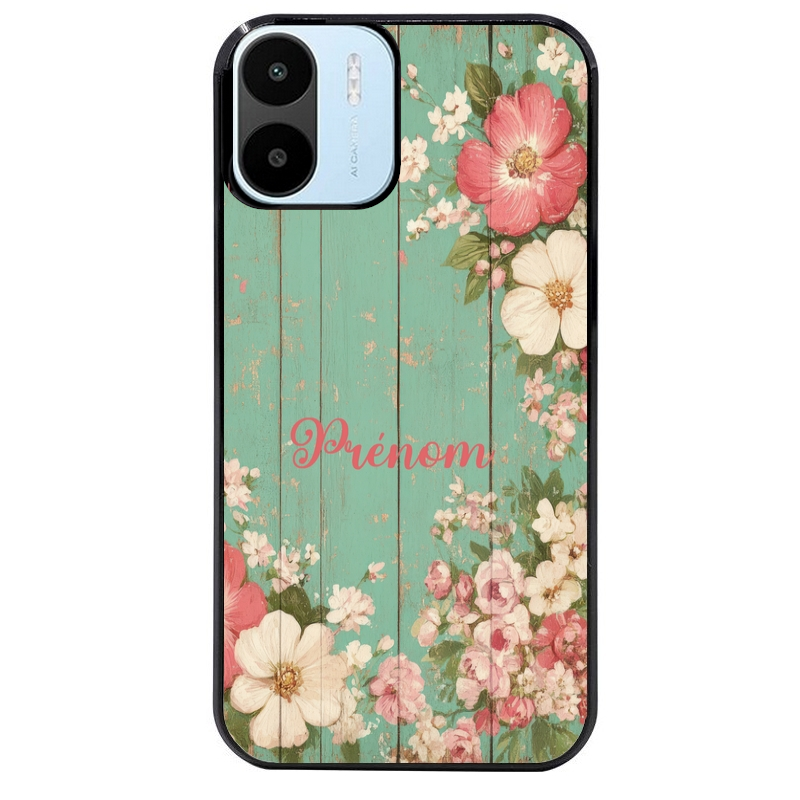 Coque noire taperso pour Redmi A1 et A2 avec motif bois et fleur avec votre prenom protection antichoc personnalisée