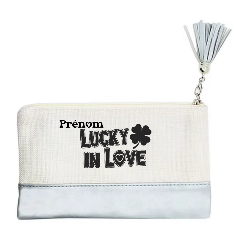 Pochette personnalisée motif love luck en toile et simili cuir personnalisée