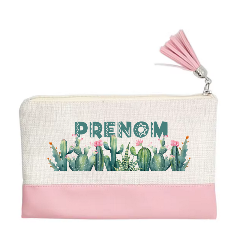 Pochette personnalisée motif cactus succulent en toile et simili cuir personnalisée