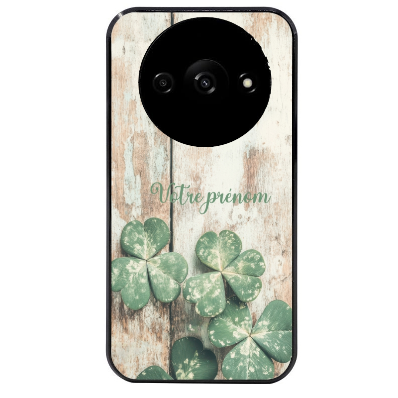 Coque noire taperso pour Redmi A3 avec motif bois et trefle personnalisee protection antichoc personnalisée