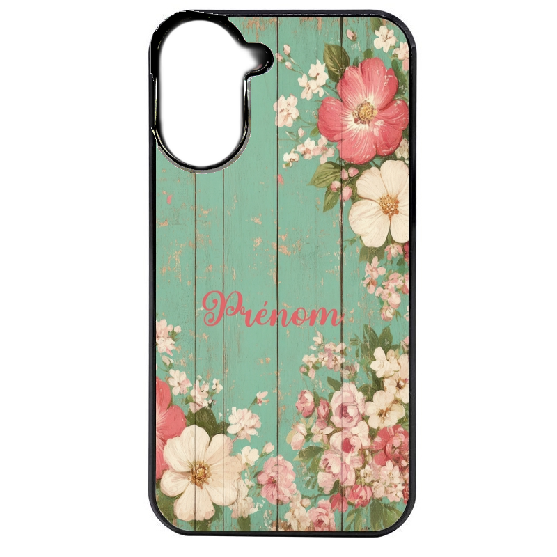 Coque noire taperso pour POCO C71 4G avec motif bois et fleur avec votre prenom protection antichoc personnalisée