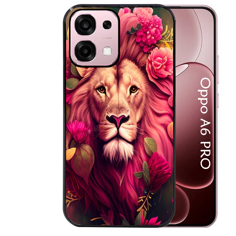Coque noire taperso pour OPPO A6 PRO 4G et 5G avec motif lion et fleurs rose protection antichoc personnalisée