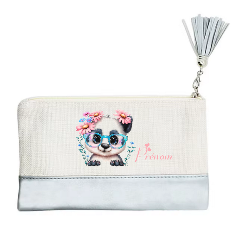 Pochette personnalisée motif panda fleur en toile et simili cuir personnalisée