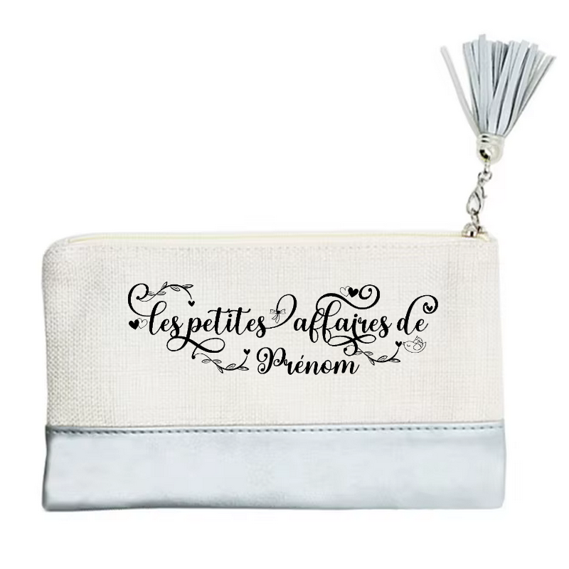 Pochette personnalisée motif petites affaires en toile et simili cuir personnalisée